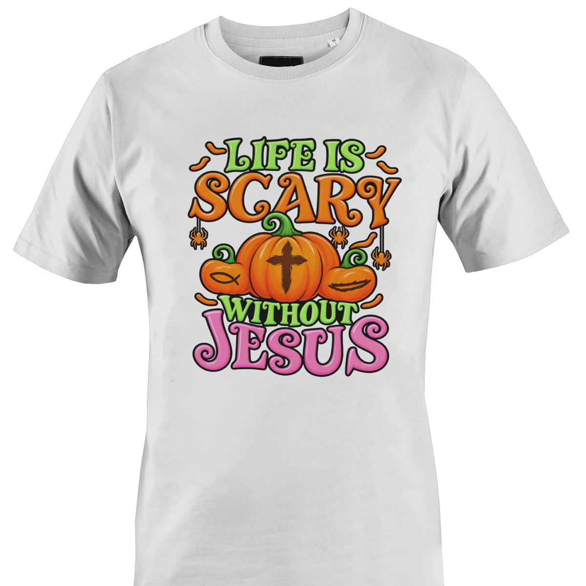 A white short-sleeve crewneck t-shirt featuring colorful pumpkins and religious symbols on the front with the text 'LIFE IS SCARY WITHOUT JESUS' in orange, green, and pink lettering by Monkey's Creations.