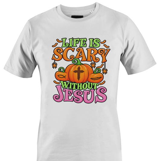 A white short-sleeve crewneck t-shirt featuring colorful pumpkins and religious symbols on the front with the text 'LIFE IS SCARY WITHOUT JESUS' in orange, green, and pink lettering by Monkey's Creations.