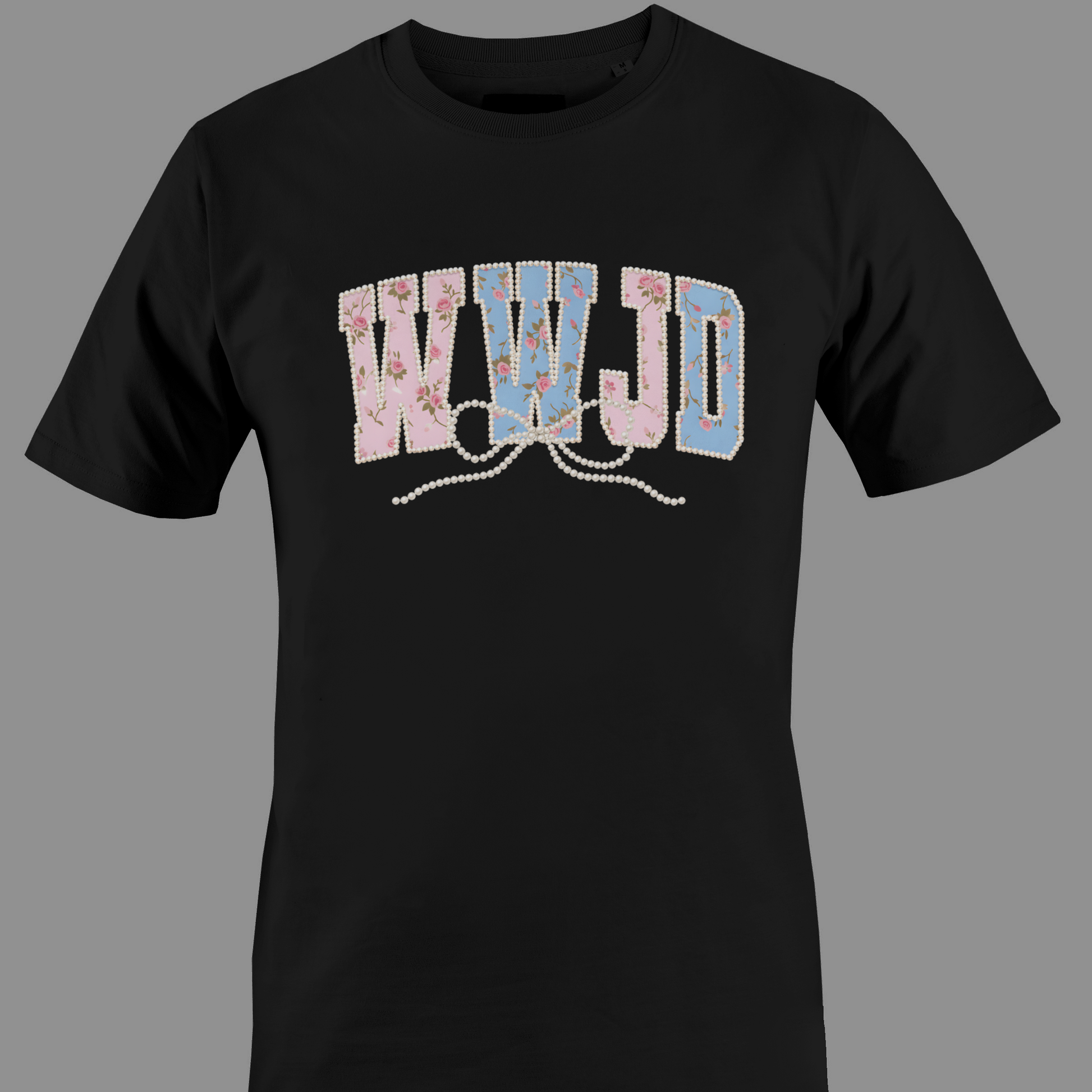 Black t-shirt with colorful 'WWJD' (what would jesus do) text