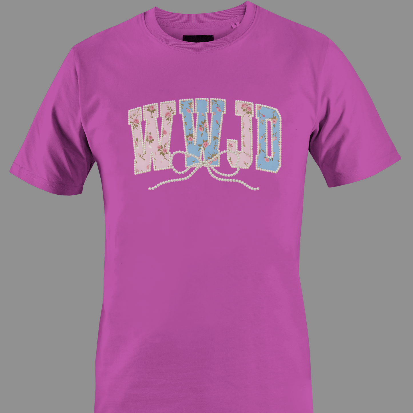 Fuchsia t-shirt with colorful 'WWJD' (what would jesus do) text