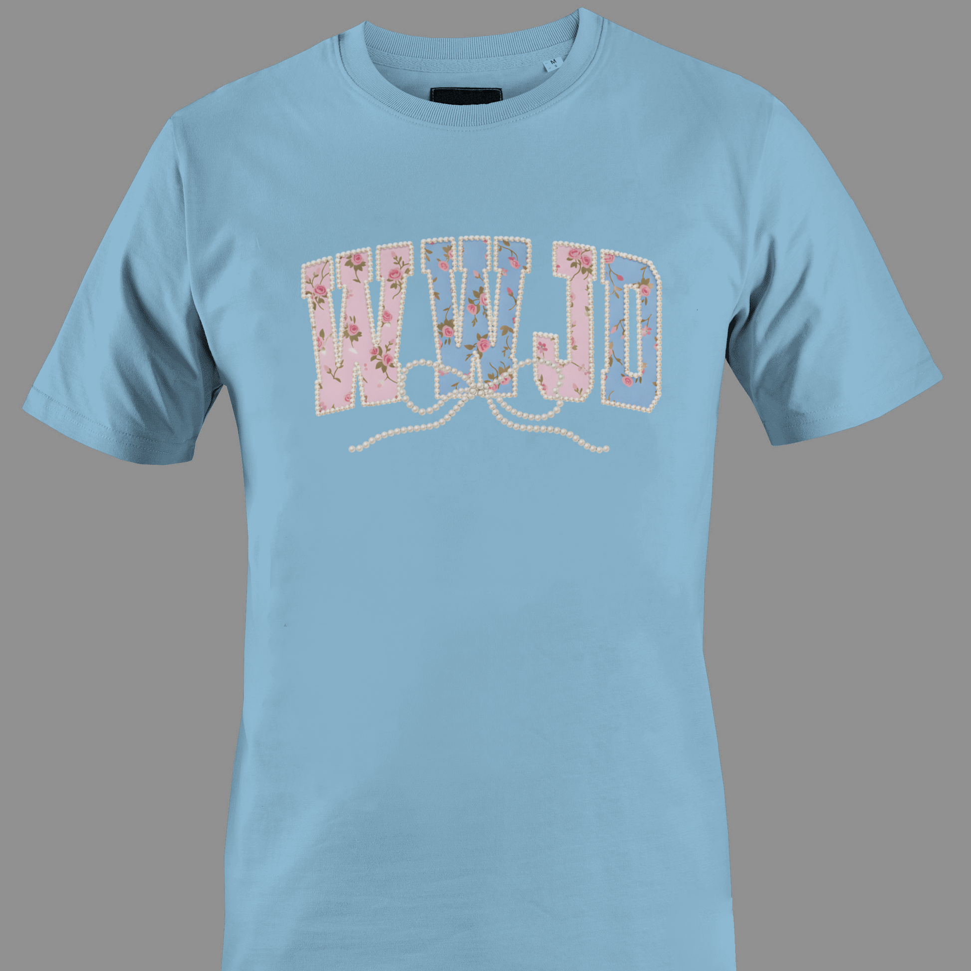 Light blue t-shirt with colorful 'WWJD' (what would jesus do) text