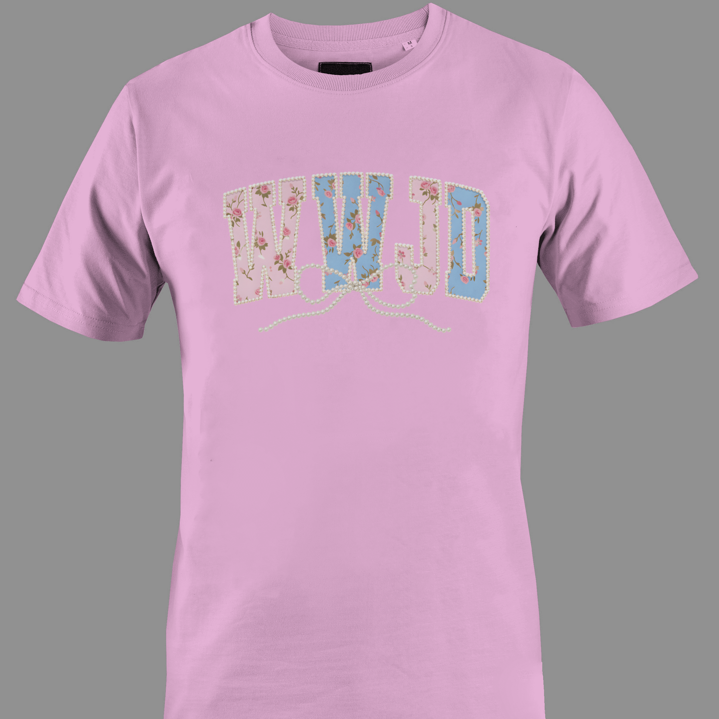 Light pink t-shirt with colorful 'WWJD' (what would jesus do) text