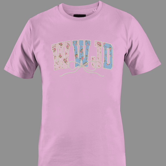 Light pink t-shirt with colorful 'WWJD' (what would jesus do) text