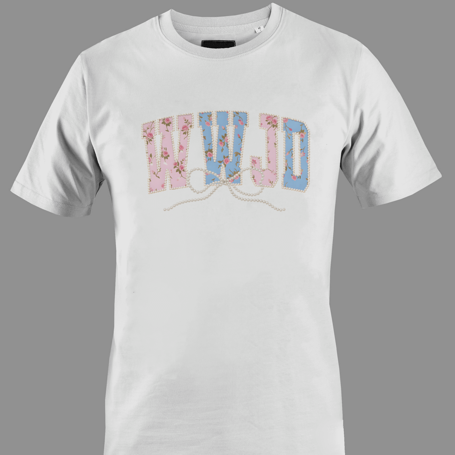 White t-shirt with colorful 'WWJD' (what would jesus do) text