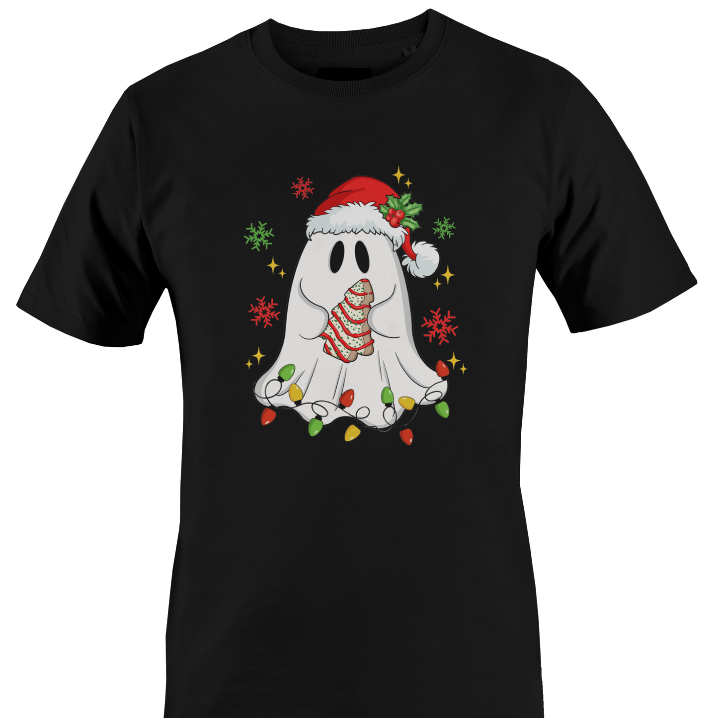 A black short-sleeve crewneck t-shirt featuring a festive graphic of a cute white ghost wearing a red Santa hat and a striped red-and-white scarf, surrounded by colorful Christmas lights and snowflakes holding a cookie by Monkey's Creations. 