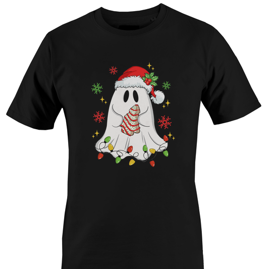 A black short-sleeve crewneck t-shirt featuring a festive graphic of a cute white ghost wearing a red Santa hat and a striped red-and-white scarf, surrounded by colorful Christmas lights and snowflakes holding a cookie by Monkey's Creations. 