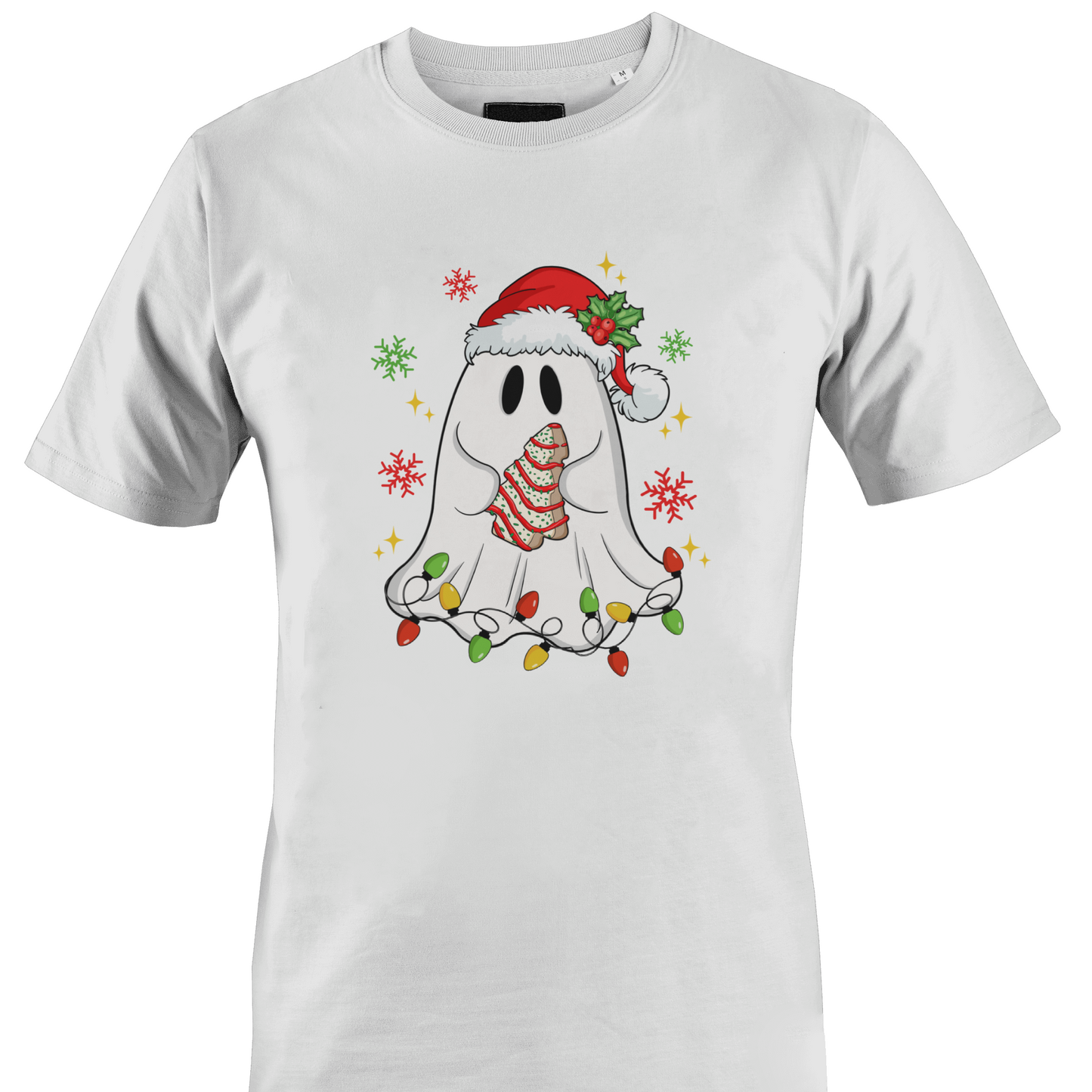 A white short-sleeve crewneck t-shirt featuring a festive graphic of a cute white ghost wearing a red Santa hat and a striped red-and-white scarf, surrounded by colorful Christmas lights and snowflakes holding a cookie by Monkey's Creations. 
