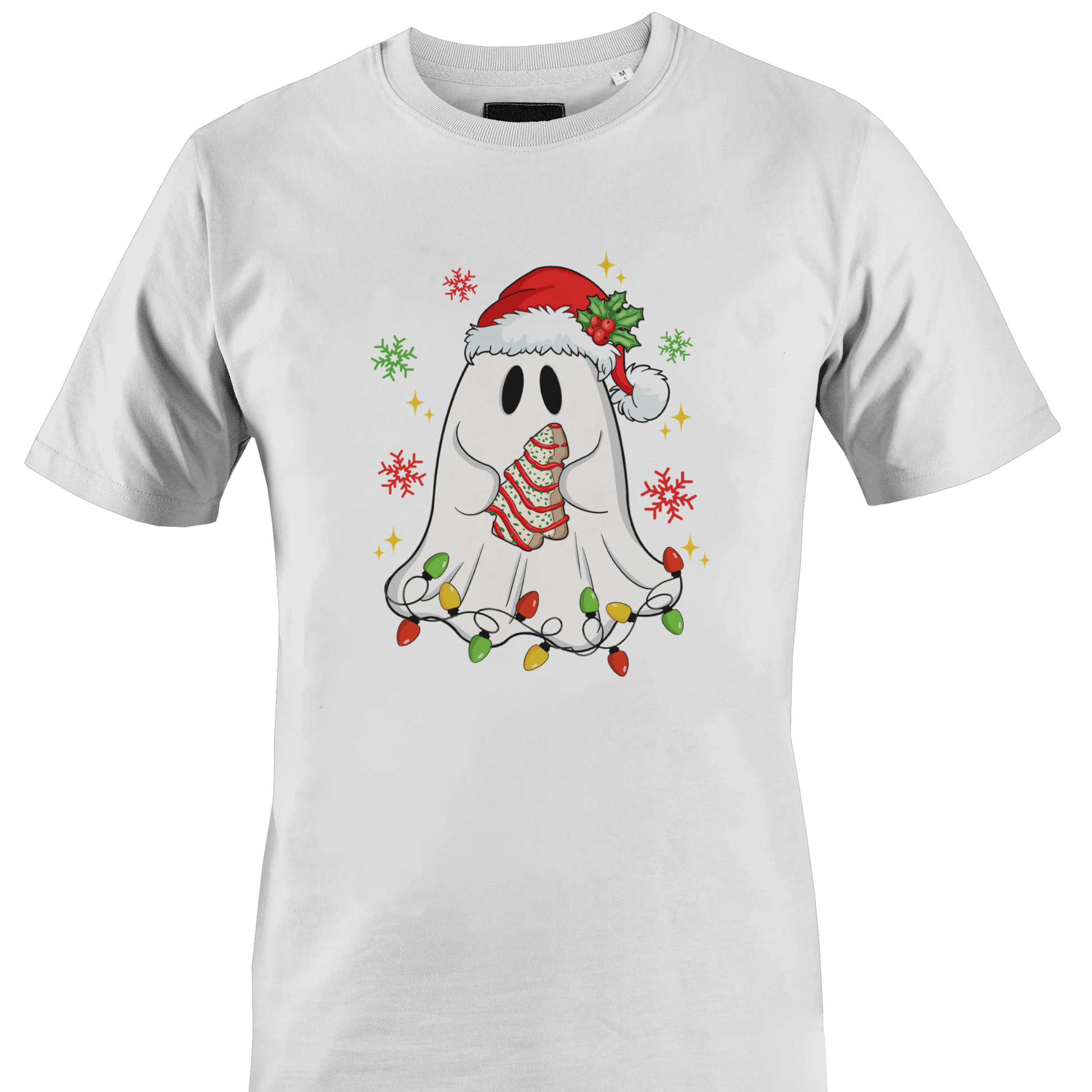 A white short-sleeve crewneck t-shirt featuring a festive graphic of a cute white ghost wearing a red Santa hat and a striped red-and-white scarf, surrounded by colorful Christmas lights and snowflakes holding a cookie by Monkey's Creations. 