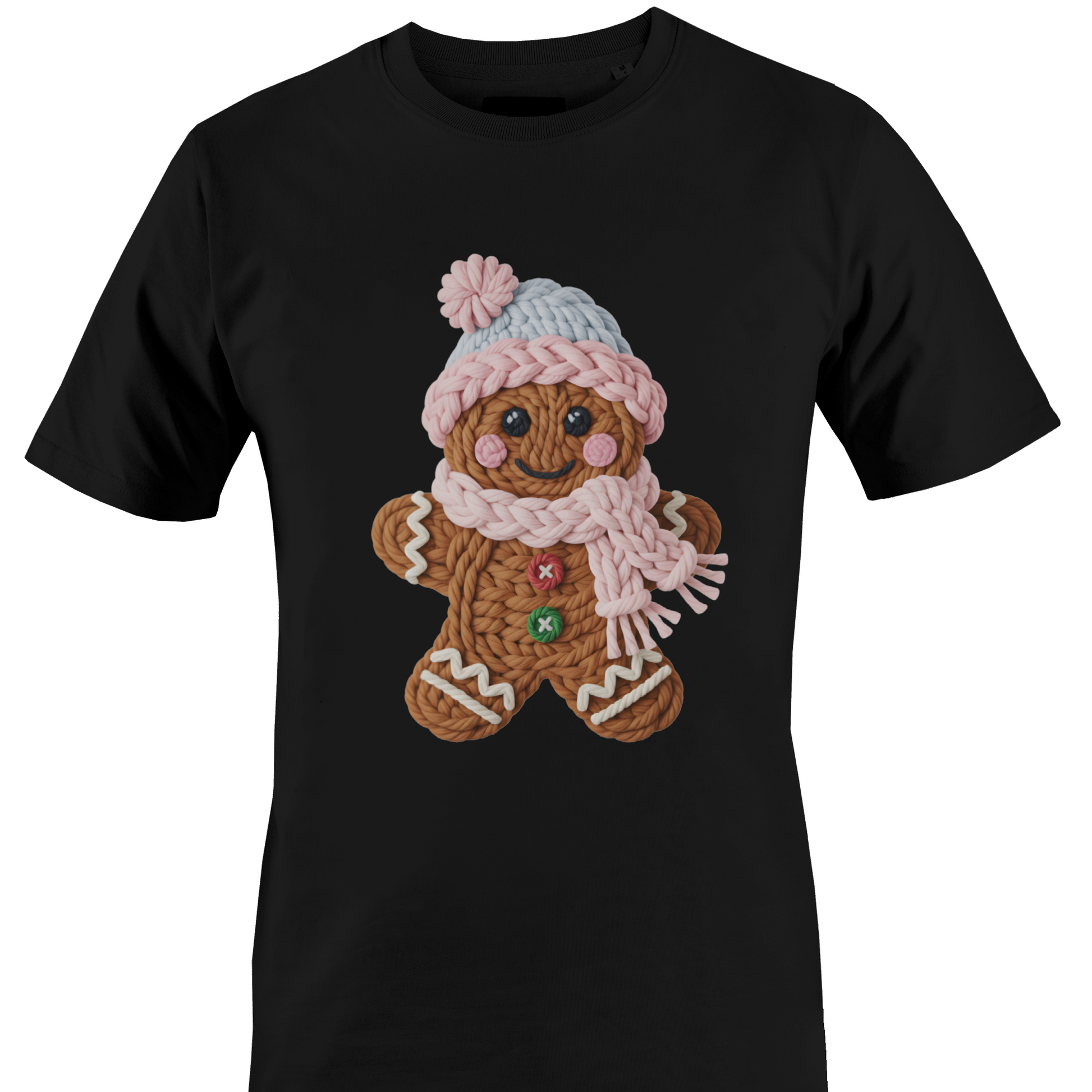 Black t-shirt with a gingerbread girl made of yarn by Monkey's Creations. 