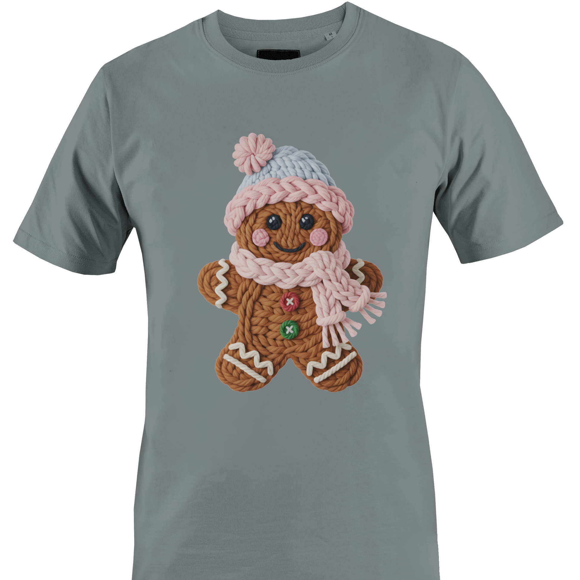 Grey t-shirt with a gingerbread girl made of yarn by Monkey's Creations. 