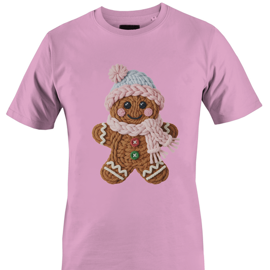 Pink t-shirt with a gingerbread girl made of yarn by Monkey's Creations. 