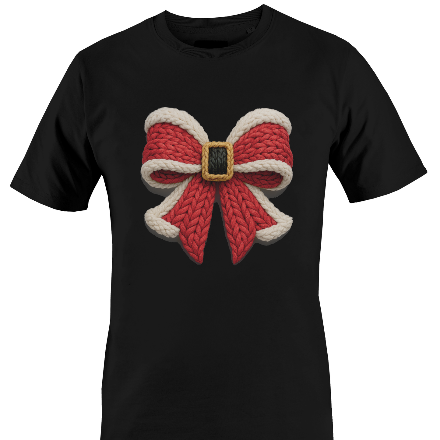 Black t-shirt with a yarn Santa buckle themed bow by Monkey's Creations. 