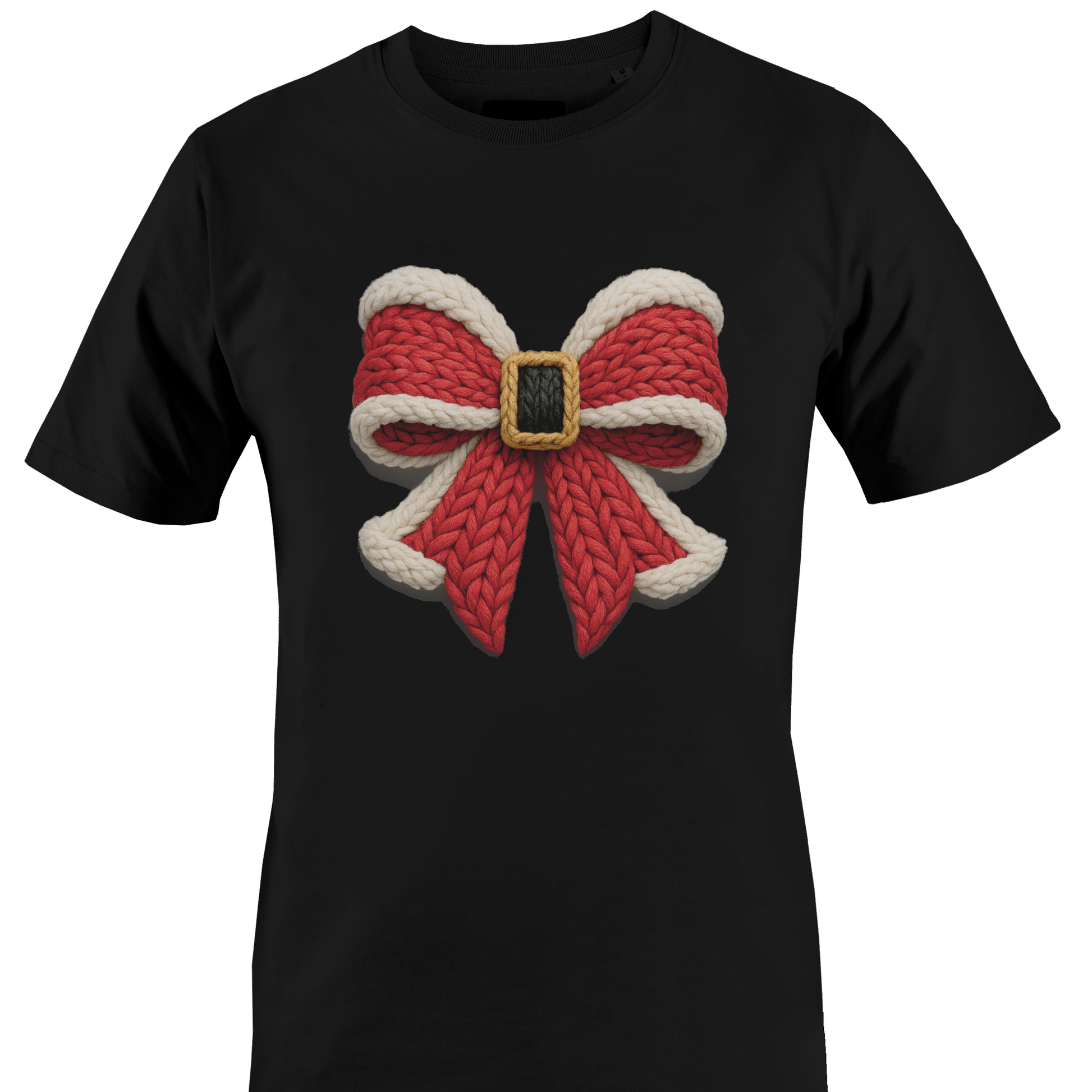 Black t-shirt with a yarn Santa buckle themed bow by Monkey's Creations. 