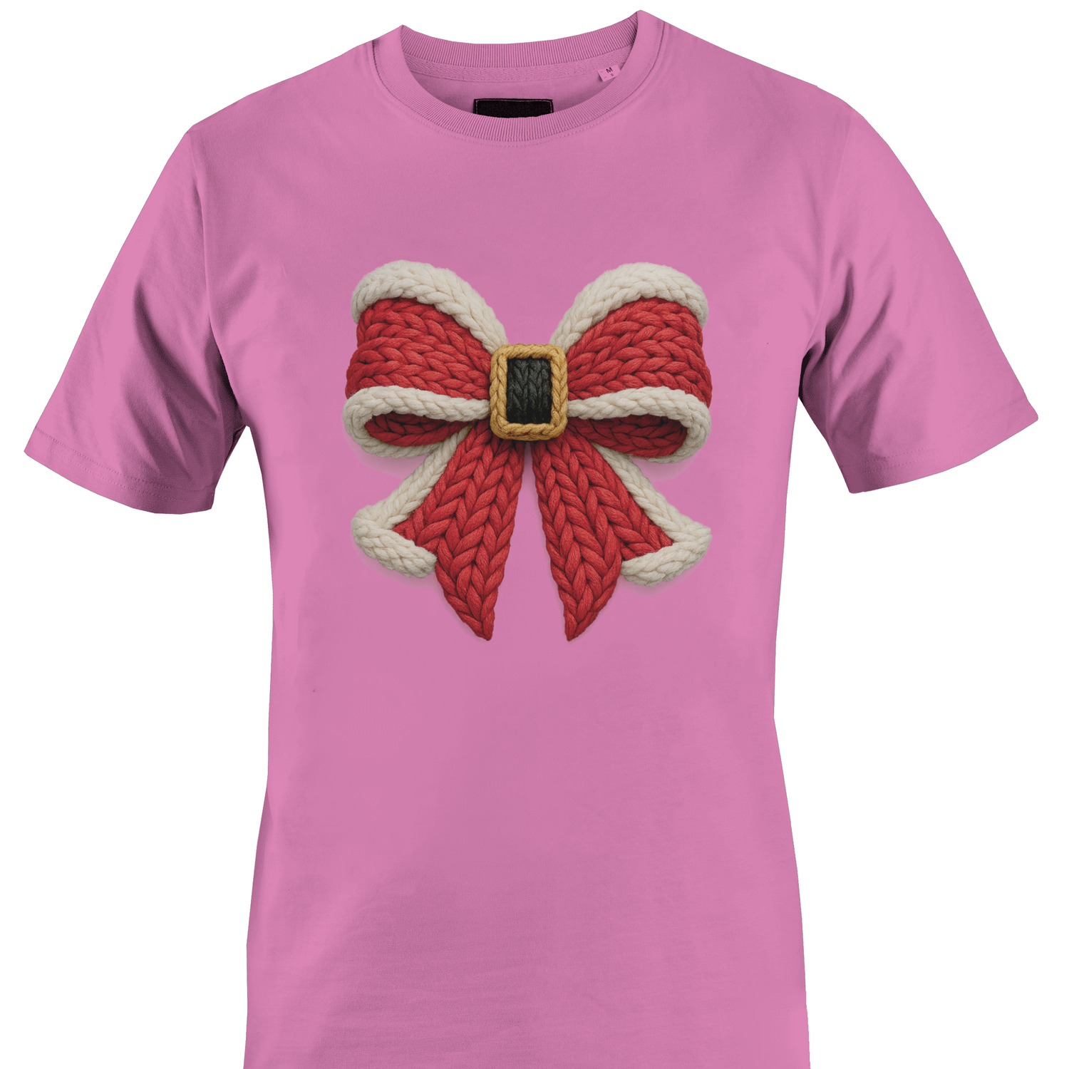 Pink t-shirt with a yarn Santa buckle themed bow by Monkey's Creations. 