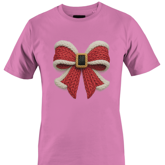 Pink t-shirt with a yarn Santa buckle themed bow by Monkey's Creations. 