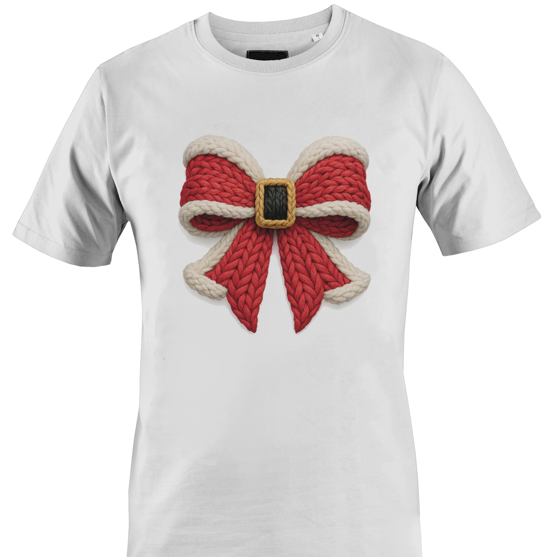 White t-shirt with a yarn Santa buckle themed bow by Monkey's Creations. 