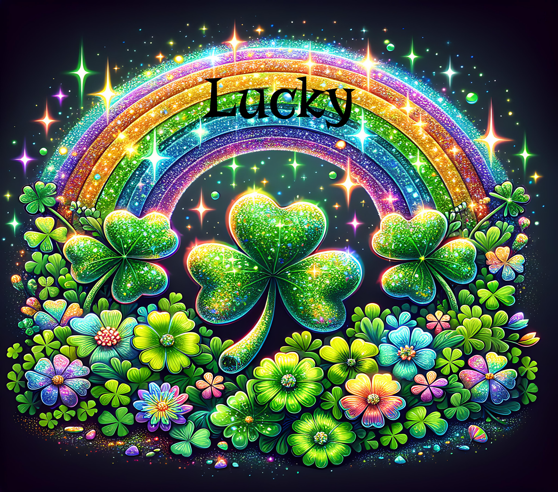 Colorful rainbow with clovers and flowers on a dark background