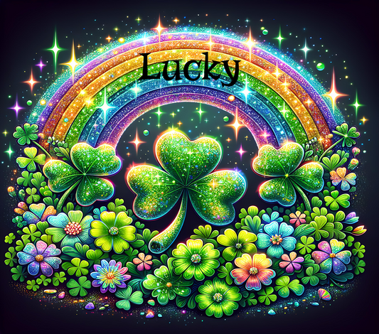 Colorful rainbow with clovers and flowers on a dark background