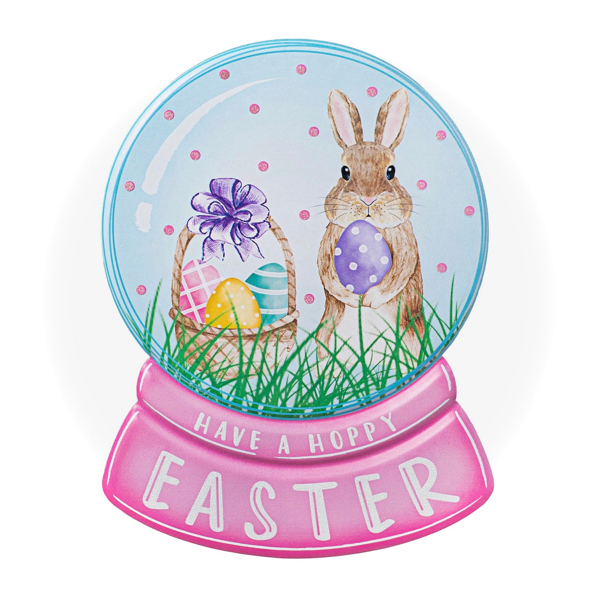 Easter-themed snow globe with a rabbit, basket, and eggs on a pink base.