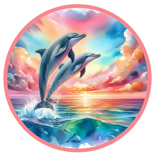 Two dolphins jumping out of water with a colorful sunset background