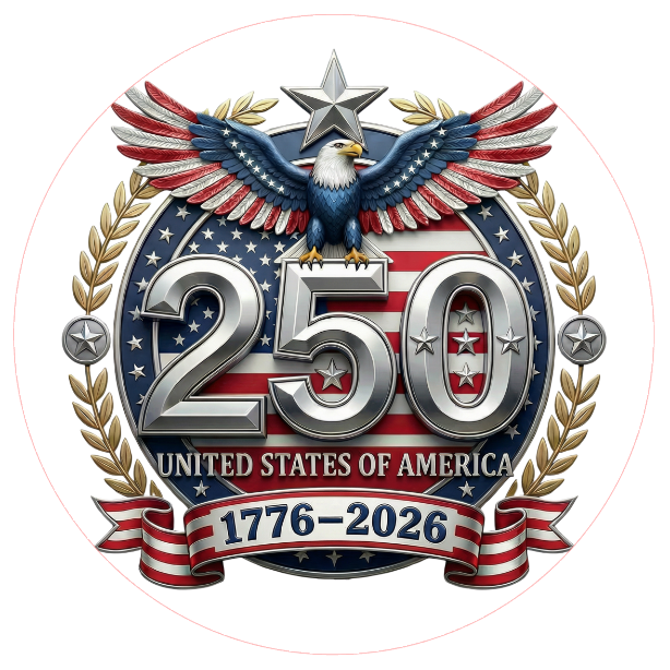 Logo celebrating 250 years of the United States with an eagle and American flag design.
