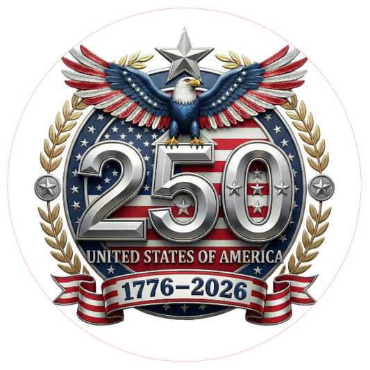 Logo celebrating 250 years of the United States with an eagle and American flag design.