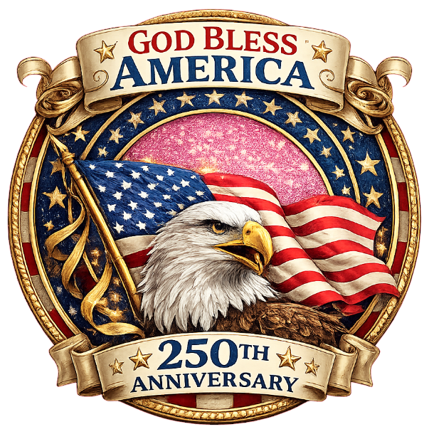 Round sign celebrating America's 250th anniversary with an eagle and American flag and text God Bless America