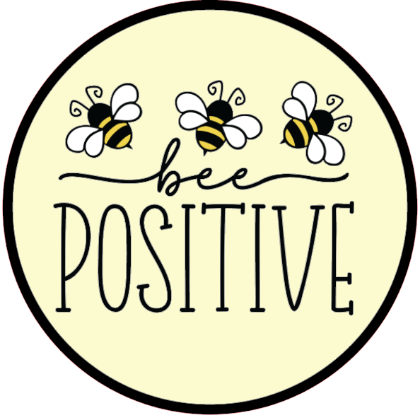'Bee positive' text and 3 bees 