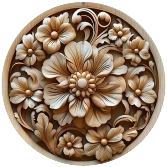 Round metal wreath sign with a faux carved flowers 