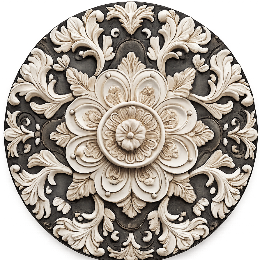 Round metal wreath sign with a faux carved floral design