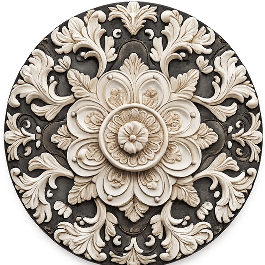 Round metal wreath sign with a faux carved floral design