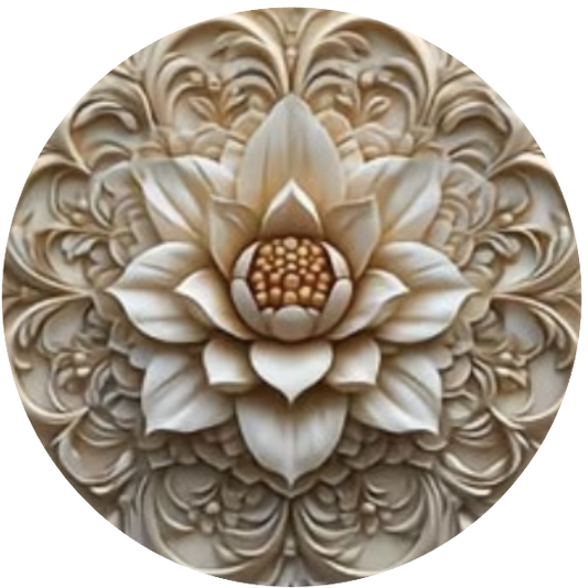 Round metal wreath sign with a faux carved lotus flower