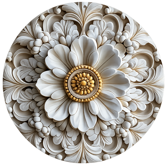 Round metal wreath sign with a faux carved flowers