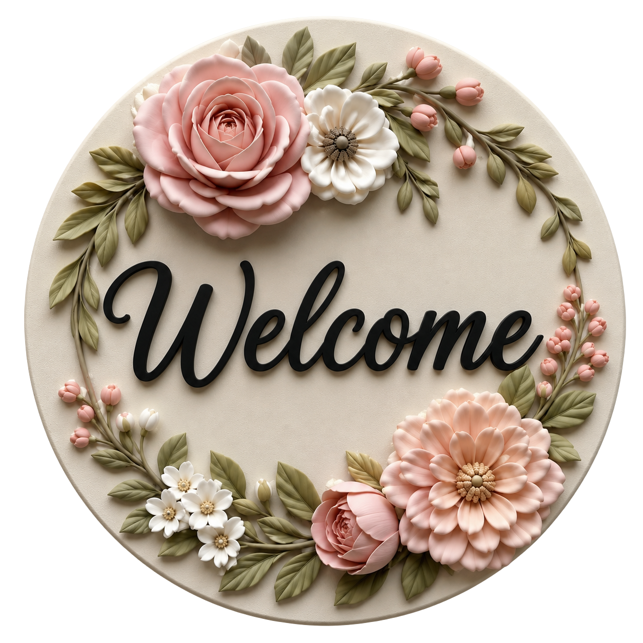 Round metal wreath sign with pink and white flowers and the word 'Welcome' with foliage by Monkey's Creations.