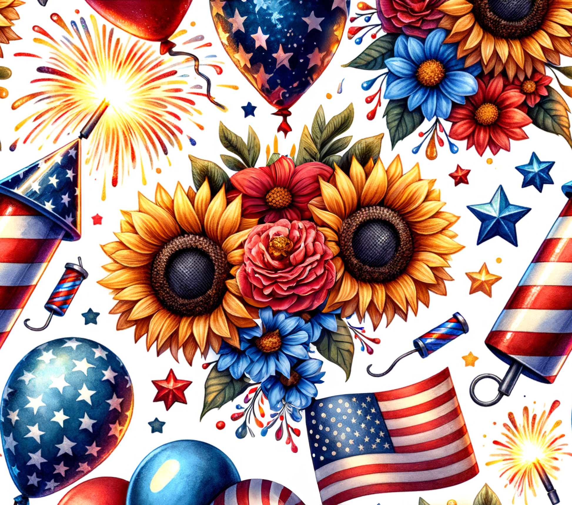 Colorful pattern with American flags, balloons, sunflowers, and fireworks 