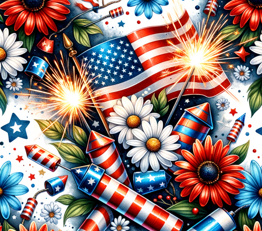 Colorful design with American flag, fireworks, and flowers