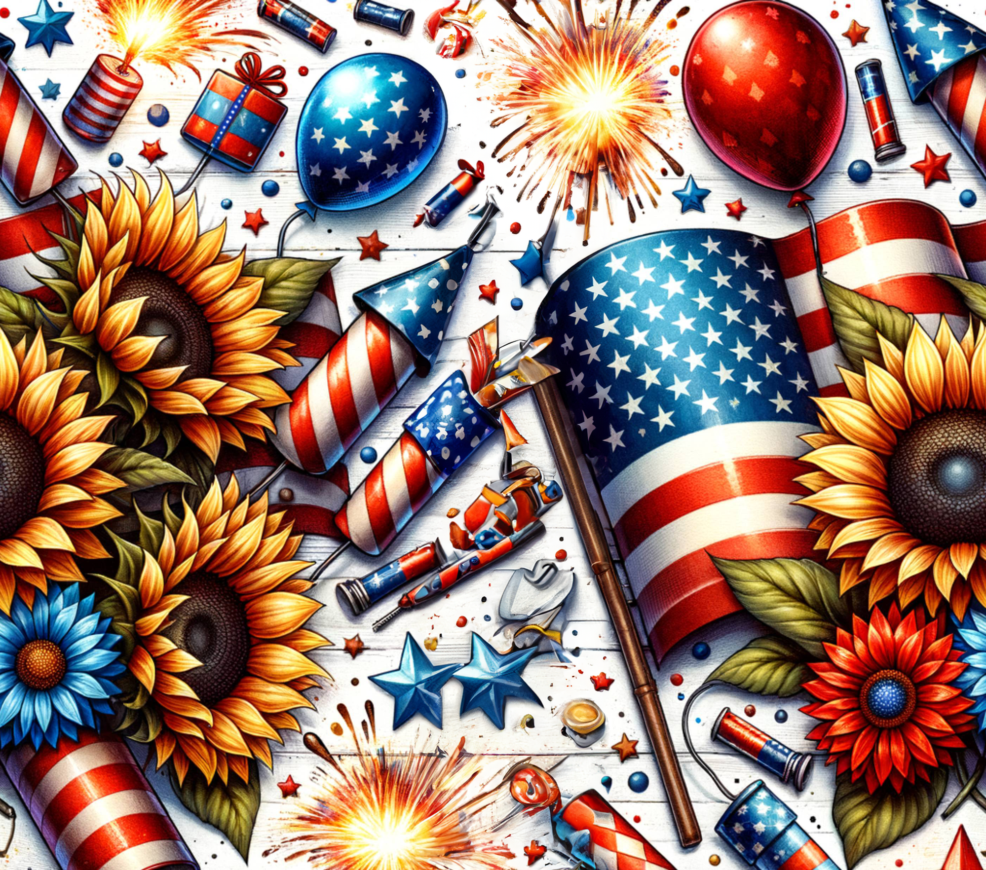 Colorful collage with American flags, balloons, sunflowers, and fireworks 