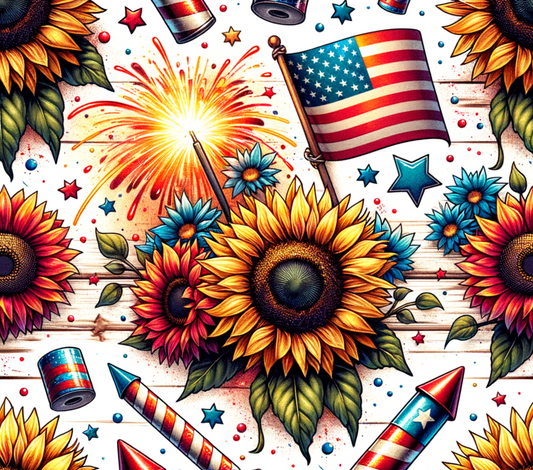 Colorful pattern with sunflowers, American flag, fireworks, and stars 
