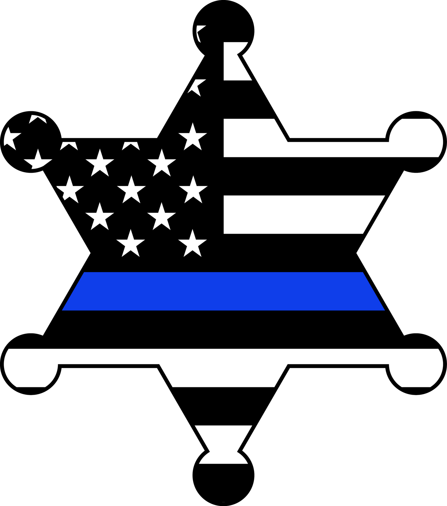 Black star with white stars and a blue stripe, back the blue