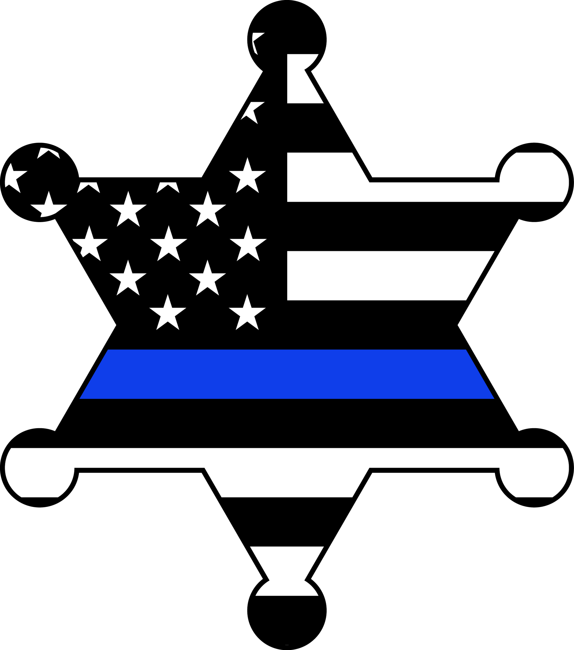 Black star with white stars and a blue stripe, back the blue