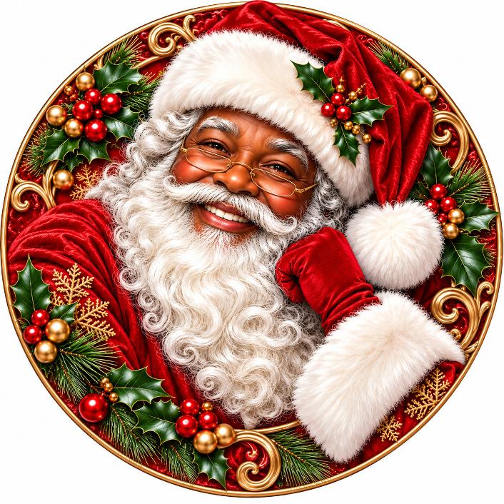 Round metal wreath sign featuring a realistic African American Santa surrounded by red, green and gold holly and berries and gold snowflakes by Monkey's Creations. 