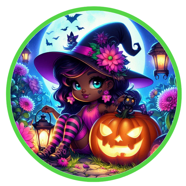 Halloween witch, pumpkin, and flowers and a jack o lantern