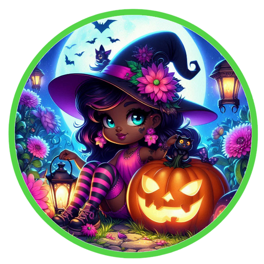 Halloween witch, pumpkin, and flowers and a jack o lantern