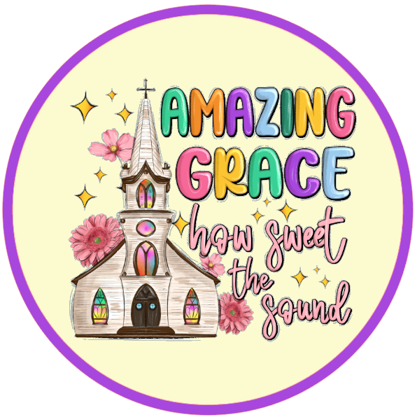 Text 'Amazing Grace' text and religious symbols 