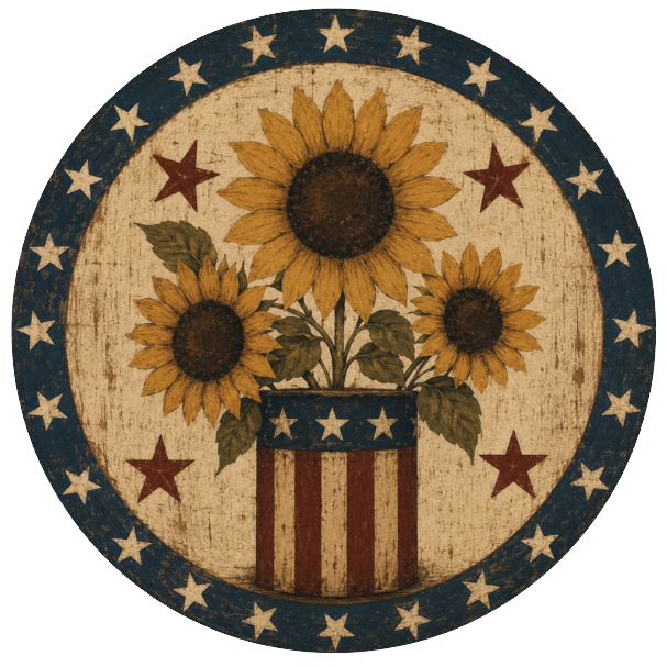 Round metal wreath sign with patriotic elements, 3 sunflowers, an American flag with stars