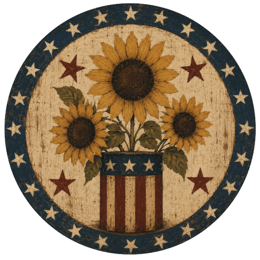 Round metal wreath sign with patriotic elements, 3 sunflowers, an American flag with stars