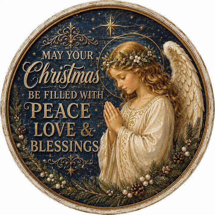 Round metal wreath sign featuring an Angel praying on wood with gold accents and winter foliage and "May your Christmas be filled with peace, love and blessings" by Monkey's Creations. 