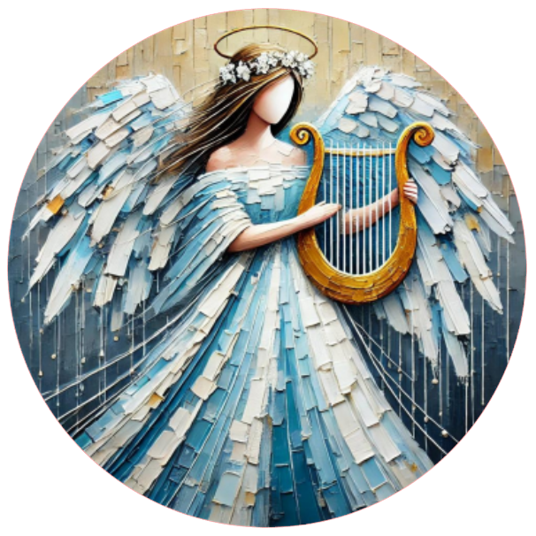 Blue angel playing a harp 