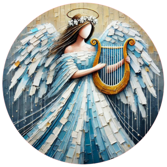 Blue angel playing a harp 