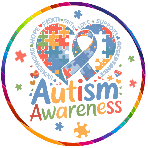 Round metal wreath sign Autism awareness design with colorful puzzle pieces on a white background